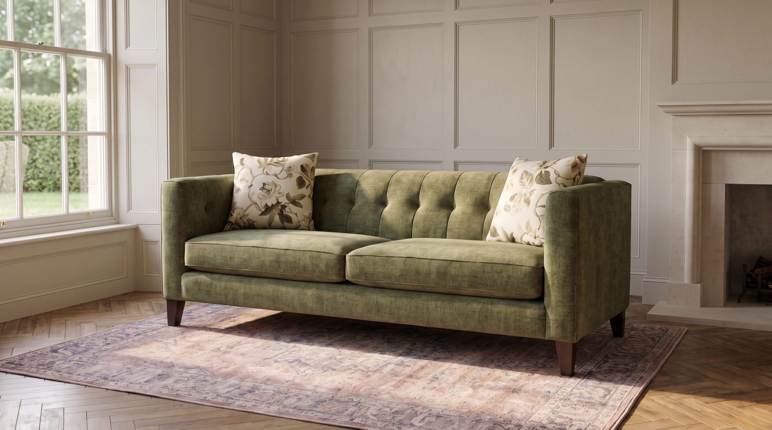 An olive green button-tufted sofa with floral pillows on a faded antique rug beneath painted wall paneling