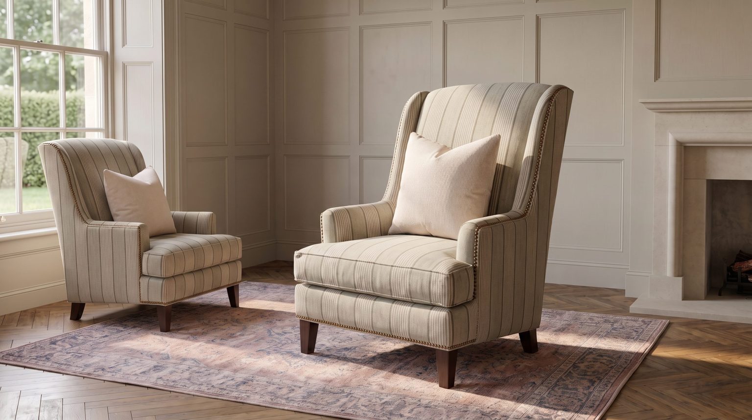 Two striped wingback chairs with nailhead trim facing each other across a paneled room