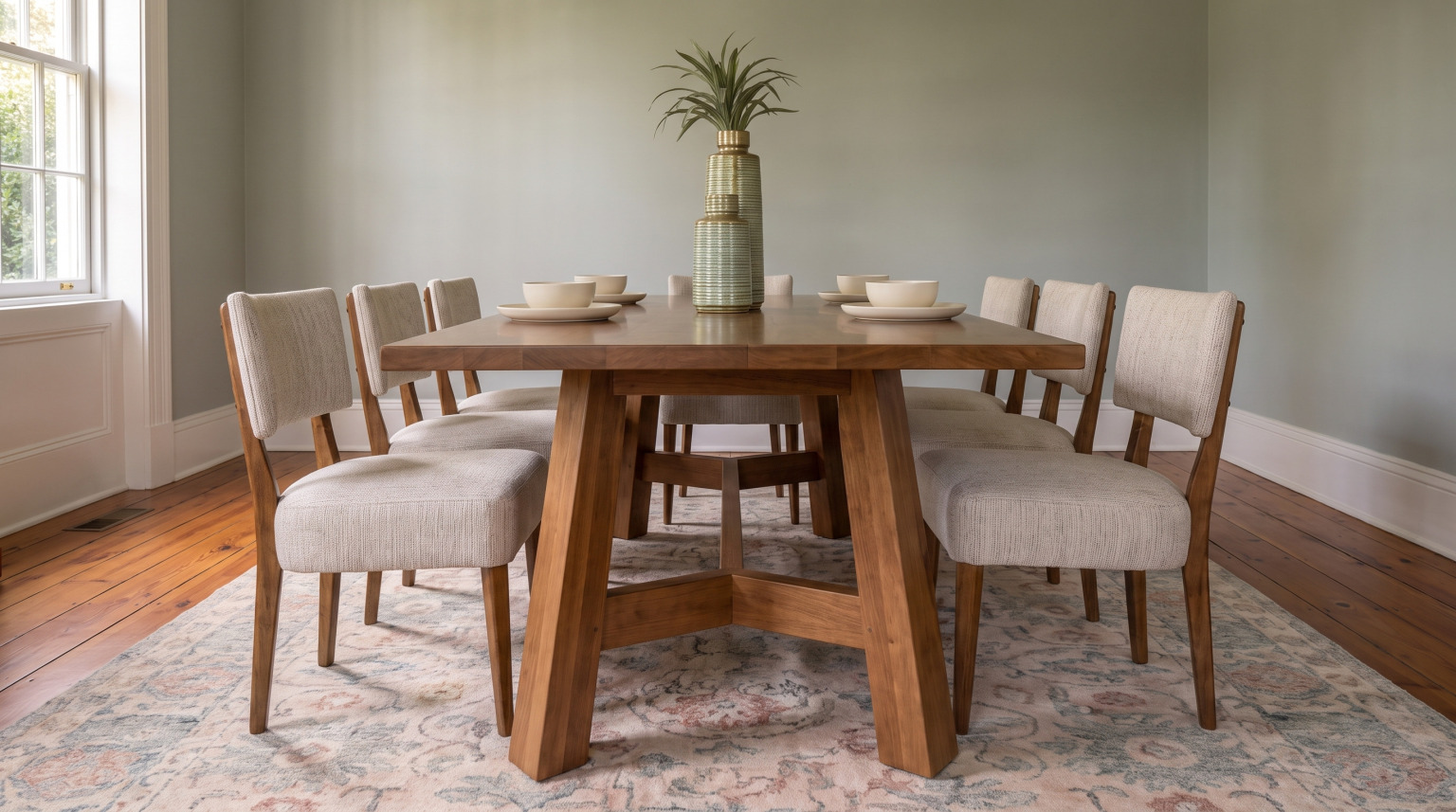 A brown maple dining table on splayed legs with a cross stretcher, surrounded by upholstered side chairs