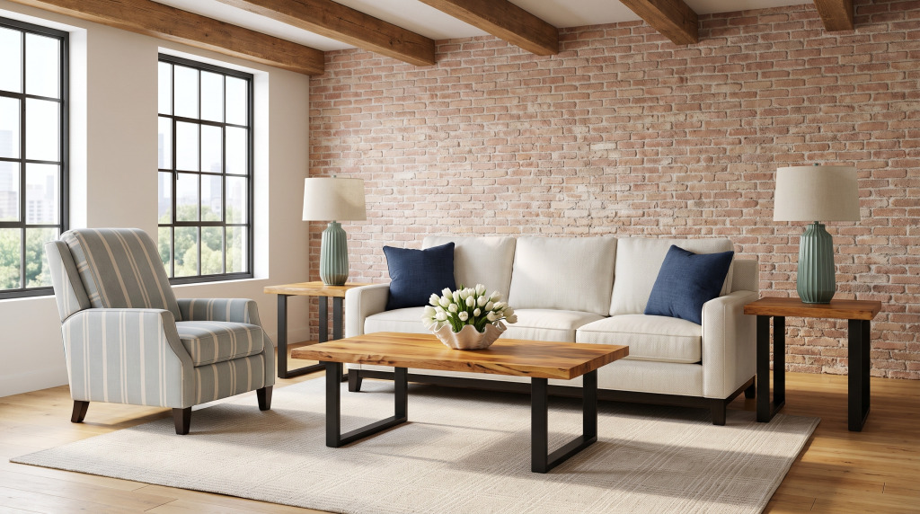 A brick and timber living room with wormy maple live-edge tables on black steel frames, an ivory sofa and a striped recliner