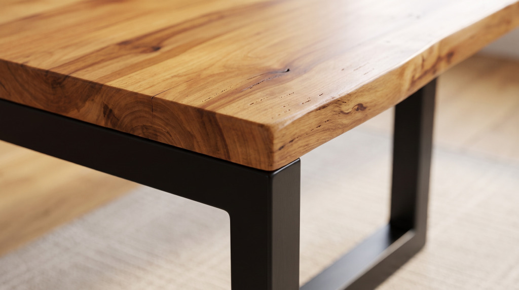 A close view of a wormy maple table top showing ambrosia figure, grain and the natural waney edge over a black steel frame