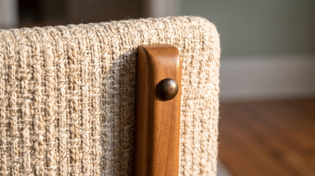 A close view of a woven oatmeal chair seat meeting the wood frame, with a bronze cap over the upright