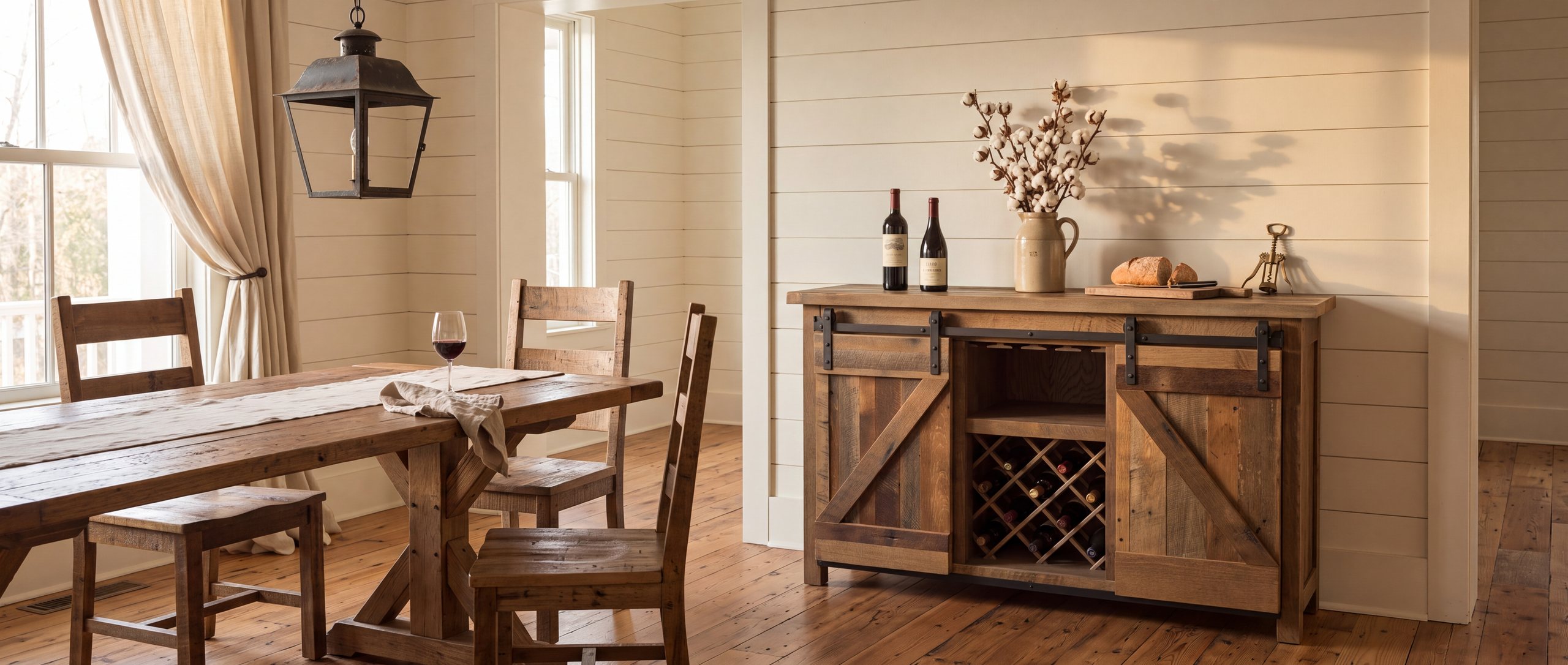 A reclaimed barnwood wine buffet with sliding barn doors and a wine rack in a farmhouse dining room.