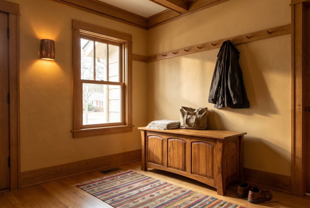 A solid wood blanket chest with three arched panels used as a bench in a Craftsman entry hall.