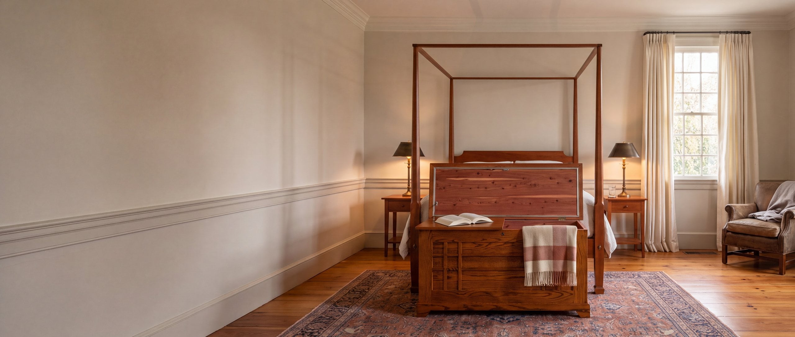 An oak cedar chest with its lid open to the red cedar lining, at the foot of a cherry four-poster bed in a Charleston bedroom.