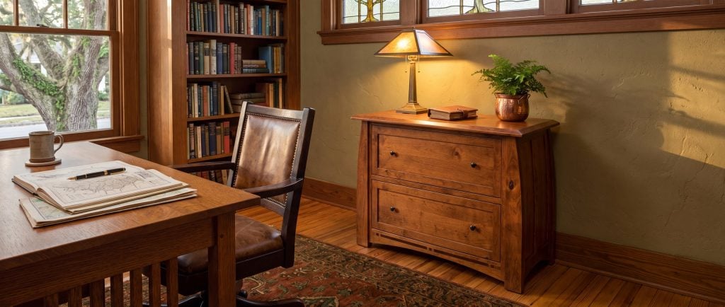 A rustic cherry two-drawer lateral file cabinet with flared sides beside a quarter-sawn oak writing desk in a Craftsman study.