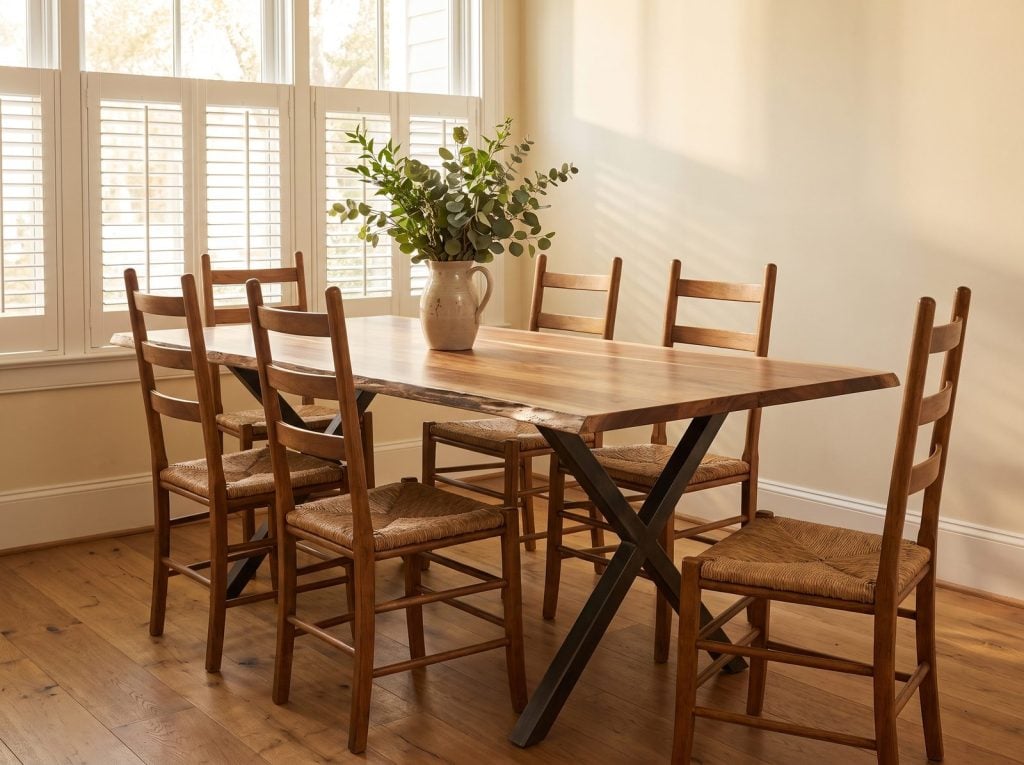 Live edge dining table with ladder-back chairs in a sunny dining nook