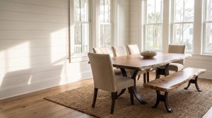 Amish live edge walnut dining table in a bright Charleston dining room