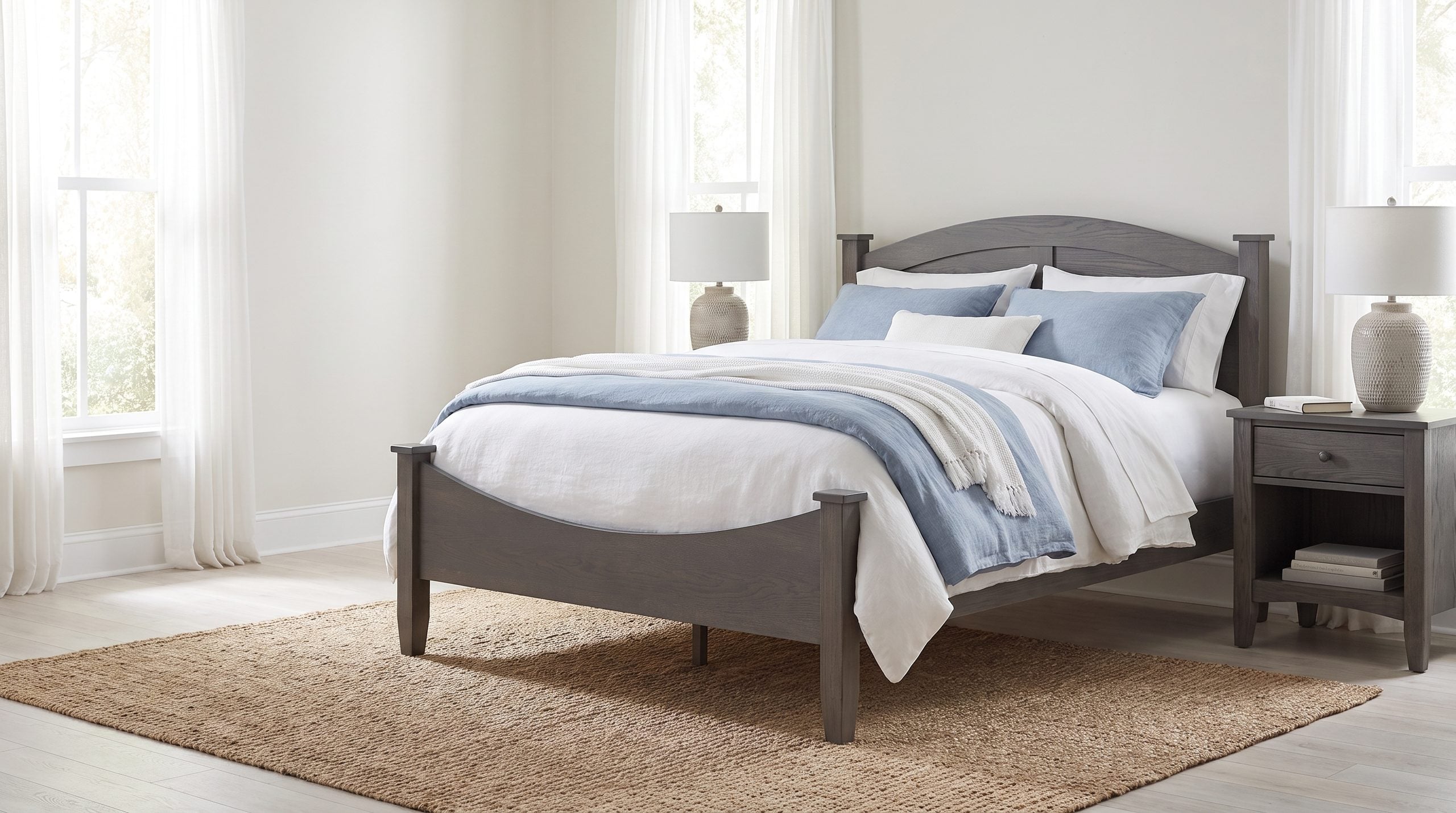 Amish solid oak post bed with grey stain in a calm Charleston bedroom