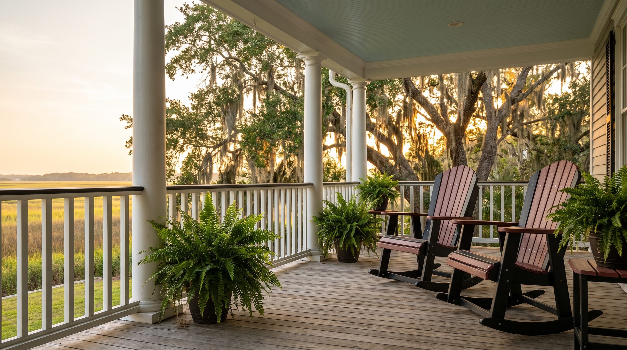 Two Amish poly Adirondack rocking chairs on a Charleston porch overlooking the marsh