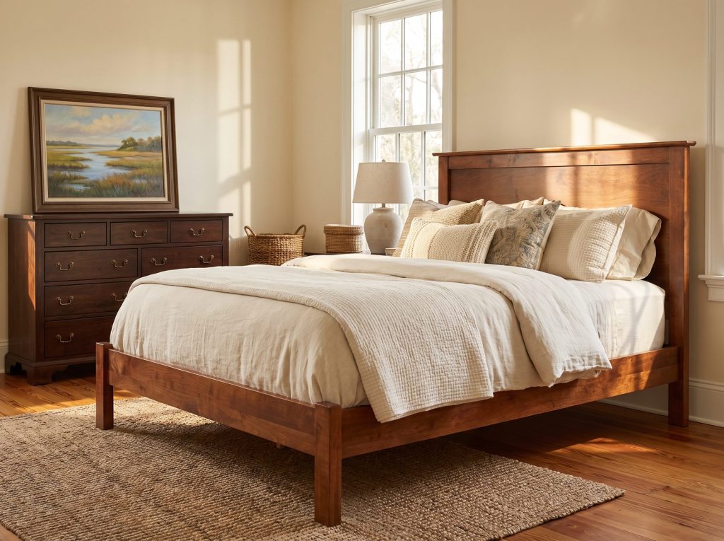 Shaker style Amish panel bed in a warm guest bedroom