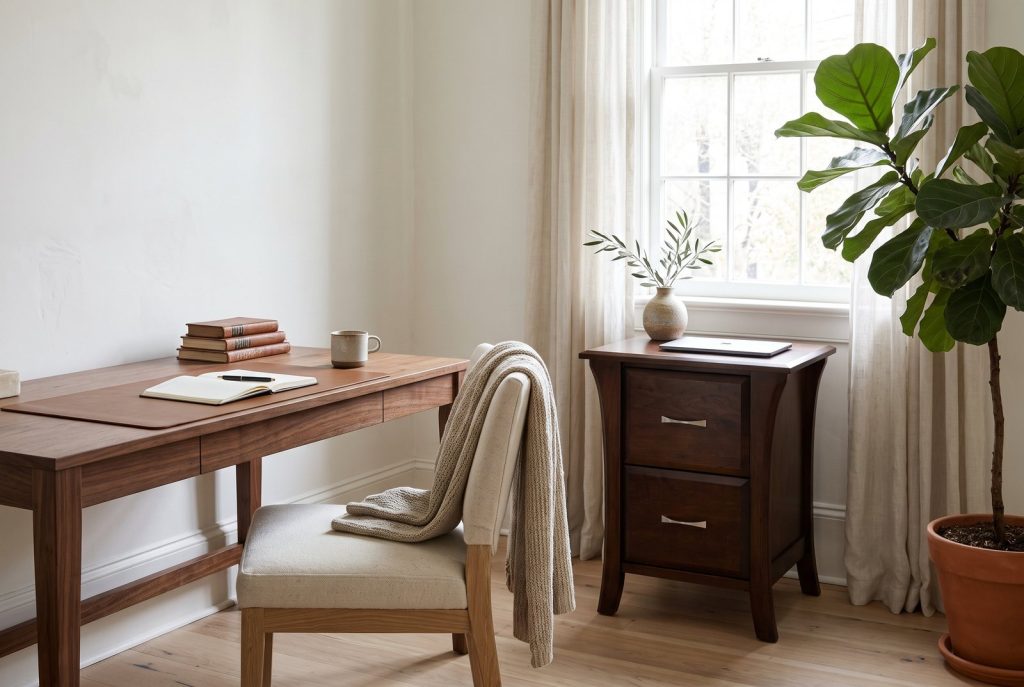 A dark cherry two-drawer file cabinet with flared legs beside a walnut desk in a bright home office.